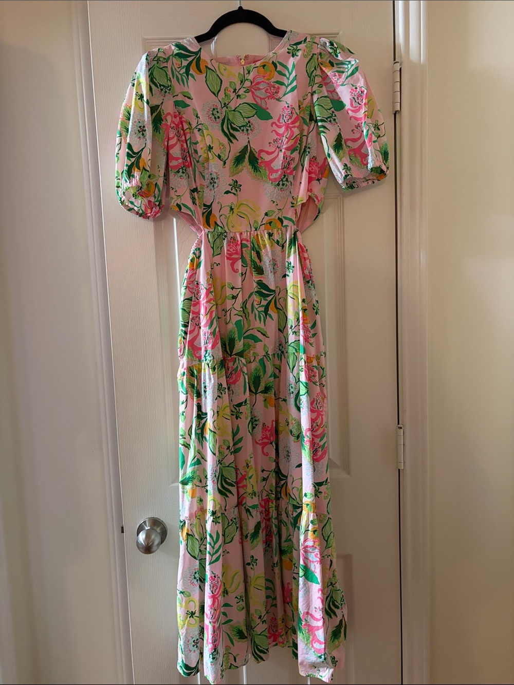 Lilly Pulitzer Pink Floral Midi  Dress with Green Leaf Print - Picture 2 of 6